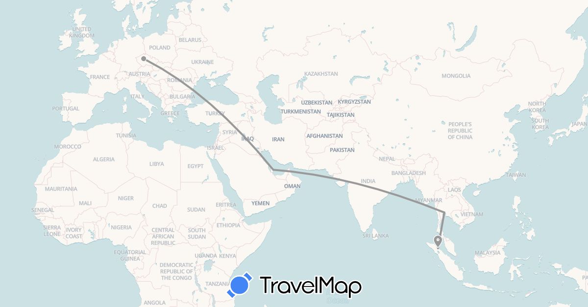 TravelMap itinerary: driving, plane in Czech Republic, Indonesia, Qatar, Thailand (Asia, Europe)